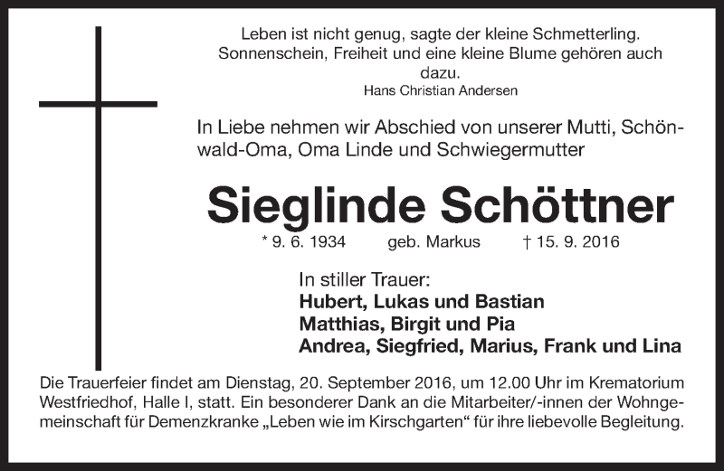  Traueranzeige für Sieglinde Schöttner vom 17.09.2016 aus Gesamtausgabe Nürnberger Nachrichten/ Nürnberger Ztg.