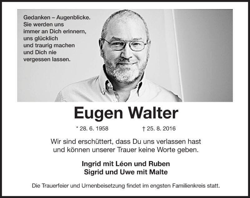  Traueranzeige für Eugen Walter vom 10.09.2016 aus Nordbayerische Nachrichten Forchheim Lokal