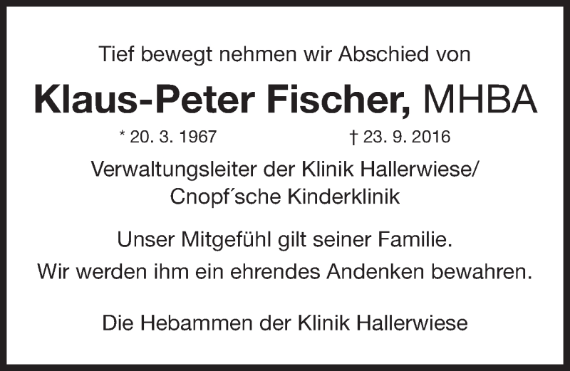  Traueranzeige für Klaus-Peter Fischer vom 29.09.2016 aus Gesamtausgabe Nürnberger Nachrichten/ Nürnberger Ztg.