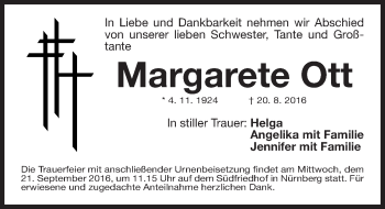 Traueranzeige von Margarete Ott von Gesamtausgabe Nürnberger Nachrichten/ Nürnberger Ztg.