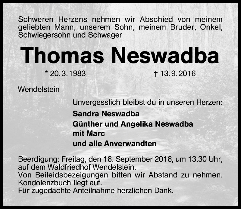  Traueranzeige für Thomas Neswadba vom 15.09.2016 aus Schwabach