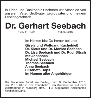 Traueranzeige von Gerhart Seebach von Gesamtausgabe Nürnberger Nachrichten/ Nürnberger Ztg.