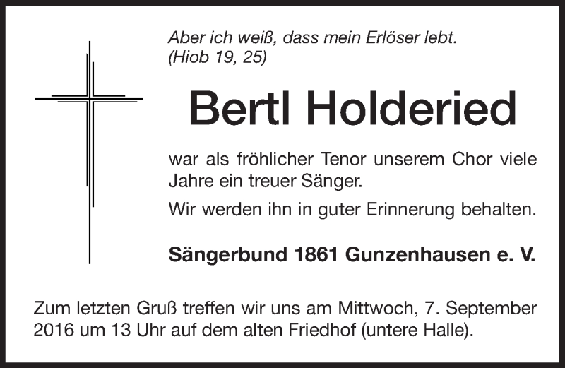  Traueranzeige für Bertl Holderied vom 06.09.2016 aus Altmühl-Bote Lokal