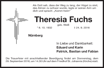 Traueranzeige von Theresia Fuchs von Gesamtausgabe Nürnberger Nachrichten/ Nürnberger Ztg.