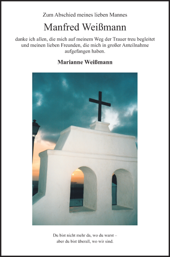 Traueranzeige von Manfred Weißmann von Gesamtausgabe Nürnberger Nachrichten/ Nürnberger Ztg.