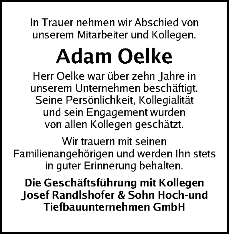  Traueranzeige für Adam Oelke vom 28.09.2016 aus Gesamtausgabe Nürnberger Nachrichten/ Nürnberger Ztg.