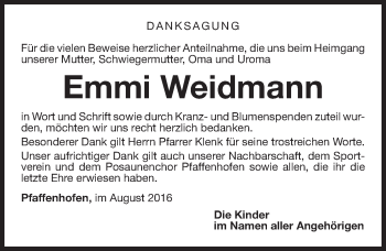 Traueranzeige von Emmi Weidmann von Roth-Hilpoltsteiner Volkszeitung Lokal