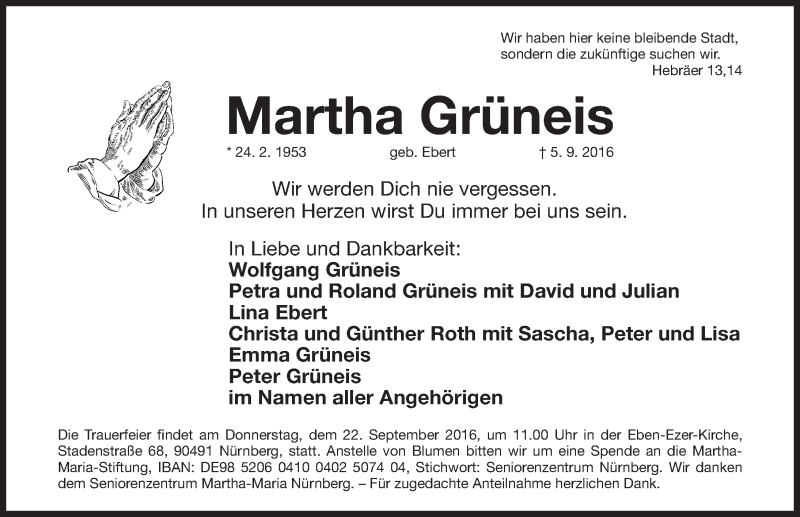  Traueranzeige für Martha Grüneis vom 17.09.2016 aus Gesamtausgabe Nürnberger Nachrichten/ Nürnberger Ztg.