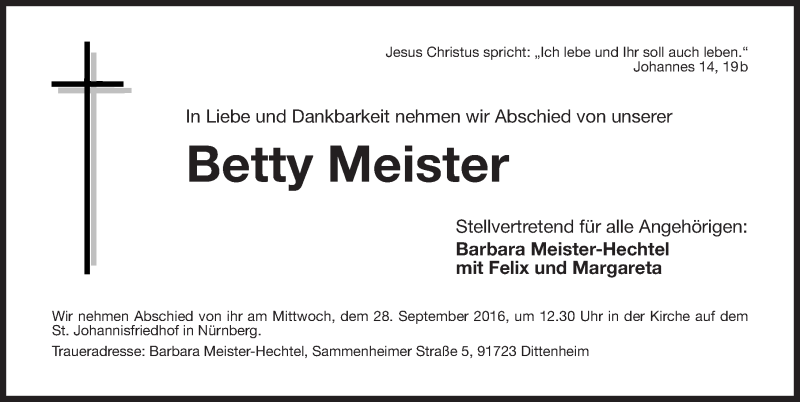  Traueranzeige für Betti Meister vom 24.09.2016 aus Gesamtausgabe Nürnberger Nachrichten/ Nürnberger Ztg.