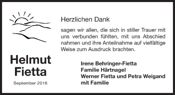 Traueranzeige von Helmut Fietta von Gesamtausgabe Nürnberger Nachrichten/ Nürnberger Ztg.