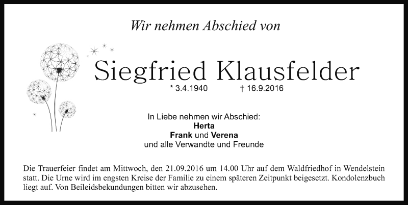  Traueranzeige für Siegfried Klausfelder vom 19.09.2016 aus Gesamtausgabe Nürnberger Nachrichten/ Nürnberger Ztg.