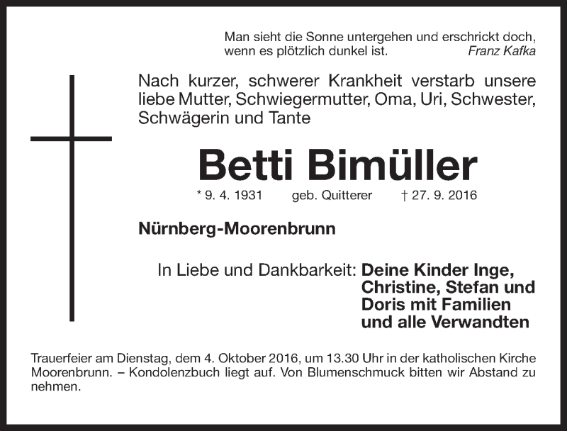  Traueranzeige für Betti Bimüller vom 01.10.2016 aus Gesamtausgabe Nürnberger Nachrichten/ Nürnberger Ztg.