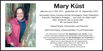 Traueranzeige von Mary Küst von Gesamtausgabe Nürnberger Nachrichten/ Nürnberger Ztg.