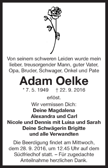 Traueranzeige von Adam Oelke von Gesamtausgabe Nürnberger Nachrichten/ Nürnberger Ztg.