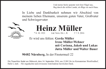 Traueranzeige von Heinz Müller von Gesamtausgabe Nürnberger Nachrichten/ Nürnberger Ztg.