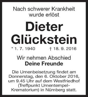 Traueranzeige von Dieter Glückstein von Gesamtausgabe Nürnberger Nachrichten/ Nürnberger Ztg.