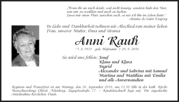 Traueranzeige von Anni Rauh von Gesamtausgabe Nürnberger Nachrichten/ Nürnberger Ztg.