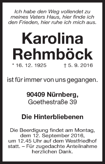 Traueranzeige von Karolina Rehmböck von Gesamtausgabe Nürnberger Nachrichten/ Nürnberger Ztg.