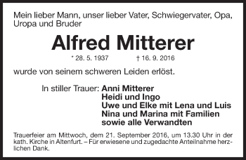 Traueranzeige von Alfred Mitterer von Gesamtausgabe Nürnberger Nachrichten/ Nürnberger Ztg.