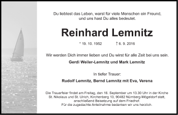 Traueranzeige von Reinhard Lemnitz von Gesamtausgabe Nürnberger Nachrichten/ Nürnberger Ztg.