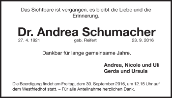 Traueranzeige von Andrea Schumacher von Gesamtausgabe Nürnberger Nachrichten/ Nürnberger Ztg.