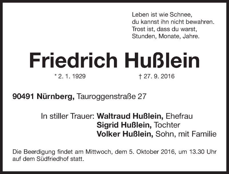 Traueranzeige für Friedrich Hußlein vom 01.10.2016 aus Gesamtausgabe Nürnberger Nachrichten/ Nürnberger Ztg.