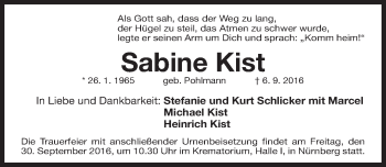 Traueranzeige von Sabine Kist von Gesamtausgabe Nürnberger Nachrichten/ Nürnberger Ztg.