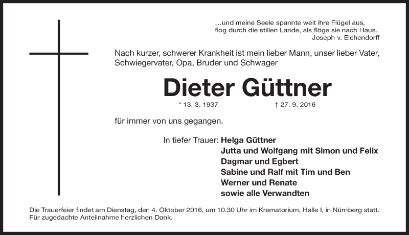  Traueranzeige für Dieter Güttner vom 01.10.2016 aus Gesamtausgabe Nürnberger Nachrichten/ Nürnberger Ztg.