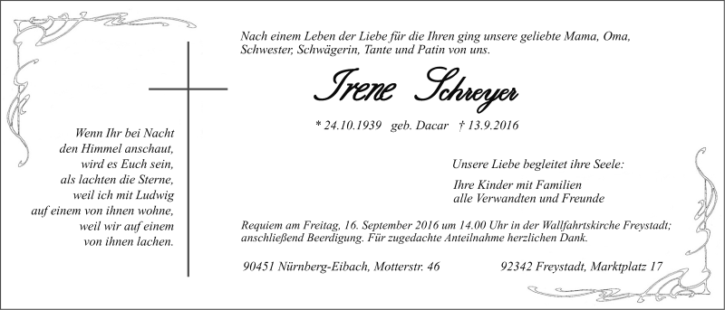  Traueranzeige für Irene Schreyer vom 15.09.2016 aus Gesamtausgabe Nürnberger Nachrichten/ Nürnberger Ztg.