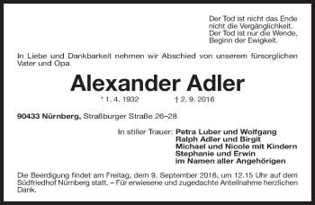 Traueranzeige von Alexander Adler von Gesamtausgabe Nürnberger Nachrichten/ Nürnberger Ztg.