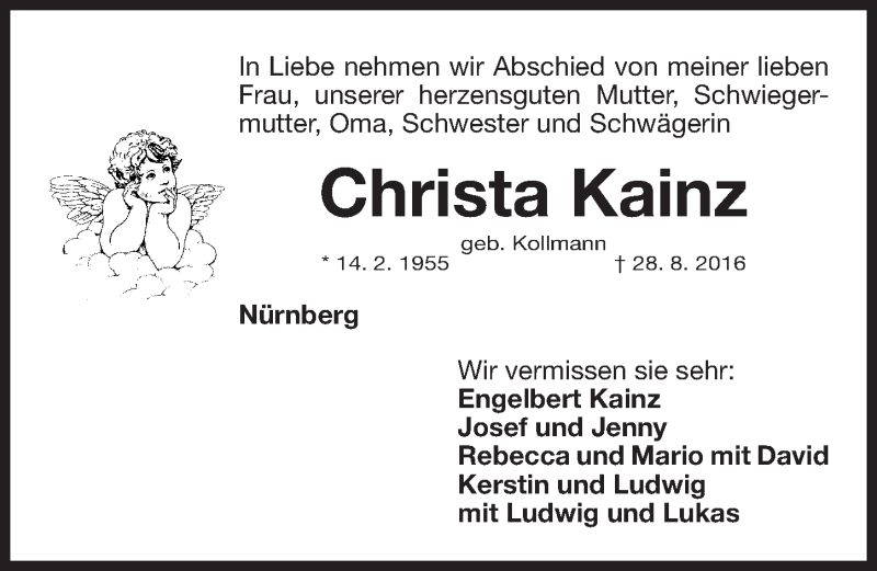  Traueranzeige für Christa Kainz vom 02.09.2016 aus Gesamtausgabe Nürnberger Nachrichten/ Nürnberger Ztg.