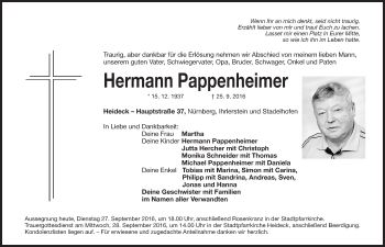 Traueranzeige von Hermann Pappenheimer von Roth-Hilpoltsteiner Volkszeitung Lokal
