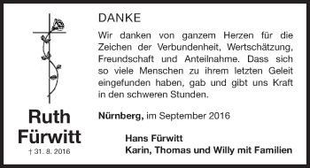 Traueranzeige von Ruth Fürwitt von Gesamtausgabe Nürnberger Nachrichten/ Nürnberger Ztg.