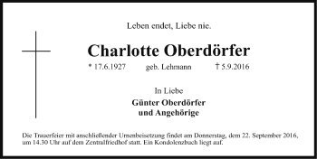 Traueranzeige von Charlotte Oberdörfer von Erlanger Nachrichten Lokal