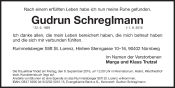 Traueranzeige von Gudrun Schreglmann von Gesamtausgabe Nürnberger Nachrichten/ Nürnberger Ztg.
