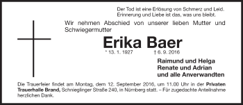 Traueranzeige von Erika Baer von Gesamtausgabe Nürnberger Nachrichten/ Nürnberger Ztg.