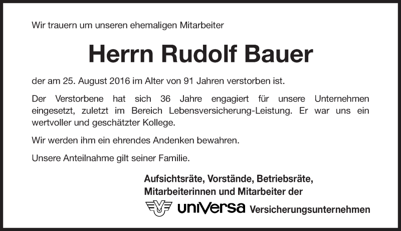  Traueranzeige für Rudolf Bauer vom 03.09.2016 aus Gesamtausgabe Nürnberger Nachrichten/ Nürnberger Ztg.