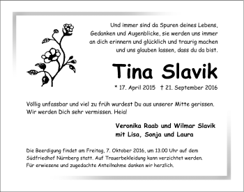 Traueranzeige von Tina Slavik von Gesamtausgabe Nürnberger Nachrichten/ Nürnberger Ztg.