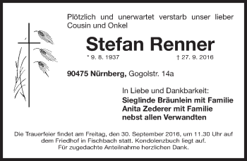 Traueranzeige von Stefan Renner von Gesamtausgabe Nürnberger Nachrichten/ Nürnberger Ztg.