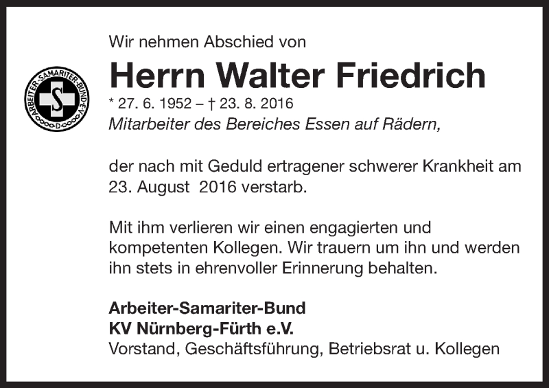  Traueranzeige für Walter Friedrich vom 05.09.2016 aus Gesamtausgabe Nürnberger Nachrichten/ Nürnberger Ztg.