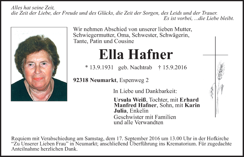 Traueranzeigen von Ella Hafner | trauer.nn.de