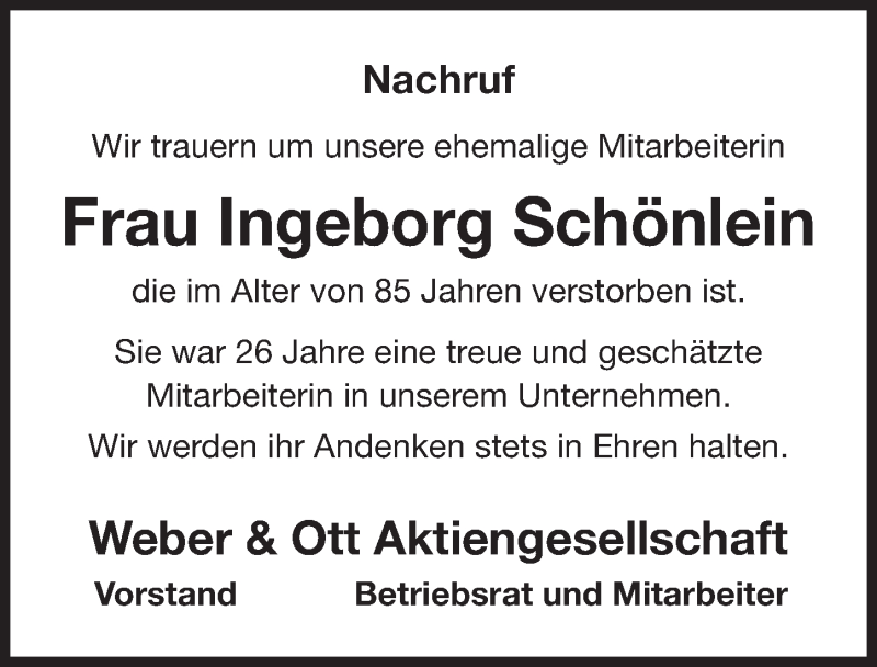  Traueranzeige für Ingeborg Schönlein vom 09.09.2016 aus Nordbayerische Nachrichten Forchheim Lokal