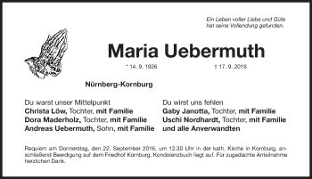 Traueranzeige von Maria Uebermuth von Gesamtausgabe Nürnberger Nachrichten/ Nürnberger Ztg.
