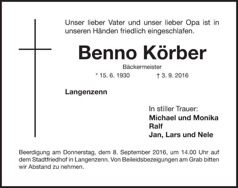  Traueranzeige für Benno Körber vom 05.09.2016 aus Fürther Nachrichten Lokal