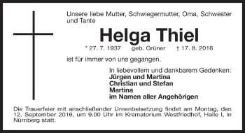 Traueranzeige von Helga Thiel von Gesamtausgabe Nürnberger Nachrichten/ Nürnberger Ztg.