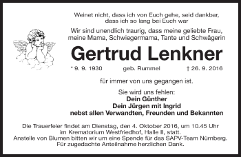 Traueranzeige von Gertrud Lenkner von Gesamtausgabe Nürnberger Nachrichten/ Nürnberger Ztg.
