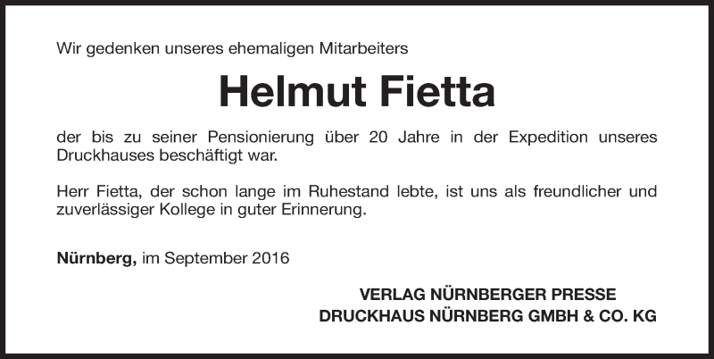  Traueranzeige für Helmut Fietta vom 06.09.2016 aus Gesamtausgabe Nürnberger Nachrichten/ Nürnberger Ztg.