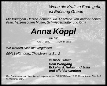 Traueranzeige von Anna Köppl von Gesamtausgabe Nürnberger Nachrichten/ Nürnberger Ztg.