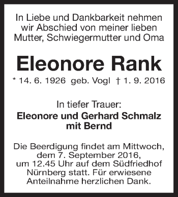 Traueranzeige von Eleonore Rank von Gesamtausgabe Nürnberger Nachrichten/ Nürnberger Ztg.