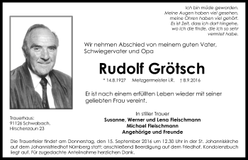 Traueranzeige von Rudolf Grötsch von Gesamtausgabe Nürnberger Nachrichten/ Nürnberger Ztg.